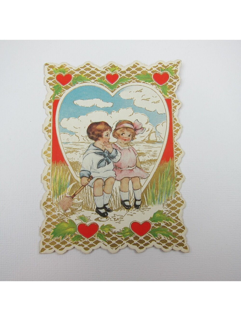 Valentine Card Boy Girl At Beach Sail Boat Gold Embossed Die cut Bifold Antique